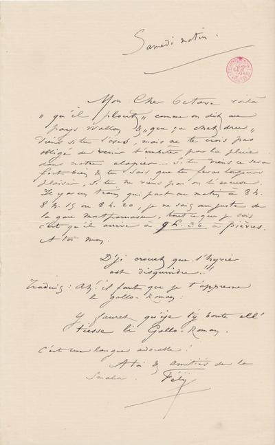 Lettre de Félicien Rops à Octave [Uzanne]. s.l., 1883/00/00. Bruxelles, Bibliothèque royale de Belgique, III/215/4/38