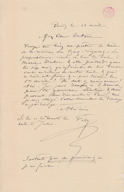 Lettre de Félicien Rops à Octave [Uzanne]. Paris, 0000/04/16. Bruxelles, Bibliothèque royale de Belgique, III/215/4/44