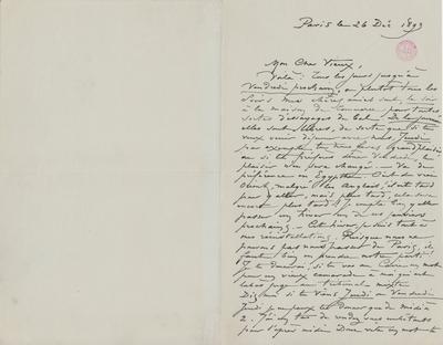 Lettre de Félicien Rops à [Octave?] [Uzanne?]. Paris, 1893/12/26. Bruxelles, Bibliothèque royale de Belgique, III/215/4/48