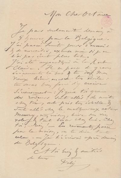 Lettre de Félicien Rops à Octave [Uzanne]. s.l., 0000/00/00. Bruxelles, Bibliothèque royale de Belgique, III/215/4/9