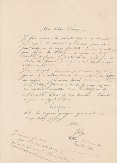 Lettre de Félicien Rops à [Octave?] [Uzanne?]. s.l., Entre [1881/00/00] et [1896/00/00]. Bruxelles, Bibliothèque royale de Belgique, III/215/5/1