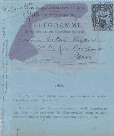 Télégramme de Félicien Rops à Octave Uzanne. s.l., 1883/07/13. Bruxelles, Bibliothèque royale de Belgique, III/215/5/10