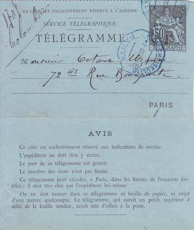 Télégramme de Félicien Rops à Octave Uzanne. [Paris], 1885/10/02. Bruxelles, Bibliothèque royale de Belgique, III/215/5/12