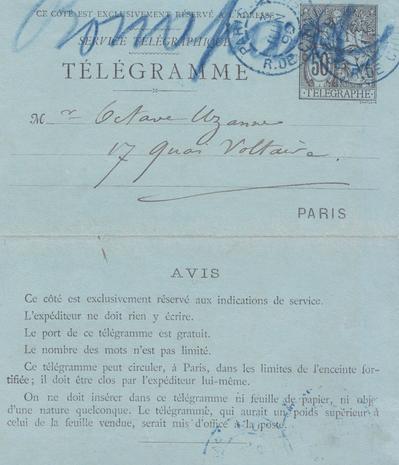 Télégramme de Félicien Rops à Octave Uzanne. [Paris], 1890/06/03. Bruxelles, Bibliothèque royale de Belgique, III/215/5/13