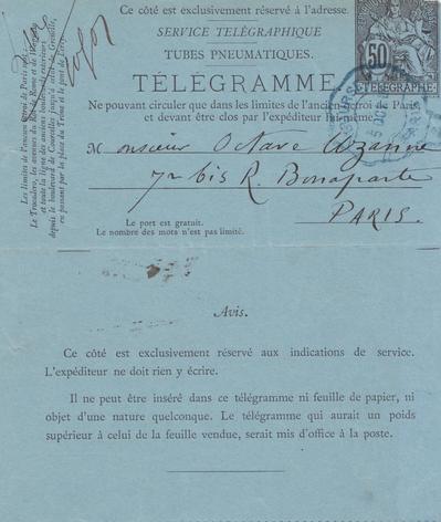 Télégramme de Félicien Rops à Octave Uzanne. [Paris], 1881/10/05. Bruxelles, Bibliothèque royale de Belgique, III/215/5/16