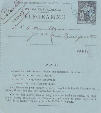 Télégramme de Félicien Rops à Octave Uzanne. [Paris], 0000/00/00. Bruxelles, Bibliothèque royale de Belgique, III/215/5/17