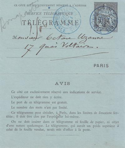 Télégramme de Félicien Rops à Octave Uzanne. [Paris], 1889/12/16. Bruxelles, Bibliothèque royale de Belgique, III/215/5/19