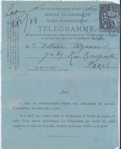 Télégramme de Félicien Rops à Octave Uzanne. [Paris], 1881/11/12. Bruxelles, Bibliothèque royale de Belgique, III/215/5/2