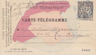 Carte-Télégramme de Félicien Rops à Octave Uzanne. [Paris], 1883/11/02. Bruxelles, Bibliothèque royale de Belgique, III/215/5/20