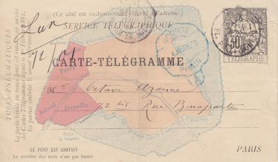 Carte-Télégramme de Félicien Rops à Octave Uzanne. [Paris], 1883/04/04. Bruxelles, Bibliothèque royale de Belgique, III/215/5/21