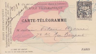 Carte-Télégramme de Félicien Rops à Octave Uzanne. [Paris], 0000/00/28. Bruxelles, Bibliothèque royale de Belgique, III/215/5/22