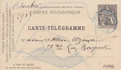 Carte-Télégramme de Félicien Rops à Octave Uzanne. [Paris], 1885/01/06. Bruxelles, Bibliothèque royale de Belgique, III/215/5/24