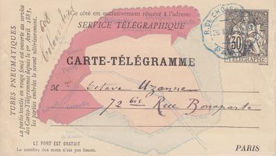 Carte-Télégramme de Félicien Rops à Octave Uzanne. [Paris], 1884/03/26. Bruxelles, Bibliothèque royale de Belgique, III/215/5/25