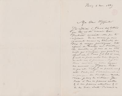 Lettre de Félicien Rops à [Théodore] Hippert. Paris, 1885/11/06. Bruxelles, Bibliothèque royale de Belgique, III/215/5/29