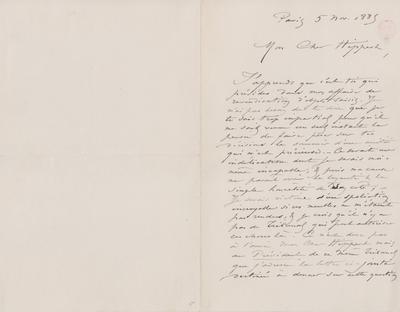 Lettre de Félicien Rops à [Théodore] Hippert. Paris, 1885/11/05. Bruxelles, Bibliothèque royale de Belgique, III/215/5/30