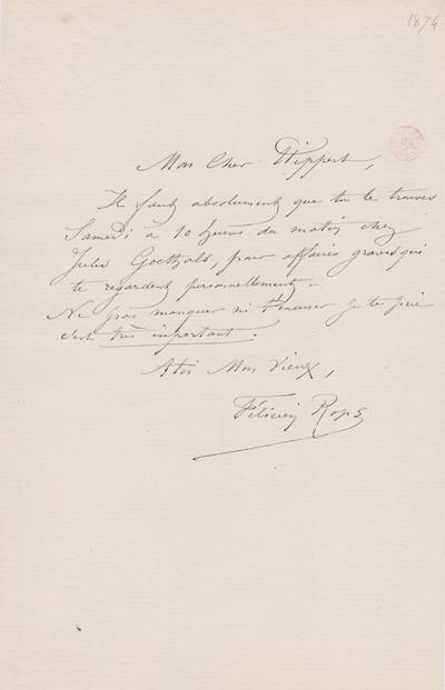 Lettre de Félicien Rops à [Théodore] Hippert. s.l., 1874/00/00. Bruxelles, Bibliothèque royale de Belgique, III/215/5/31