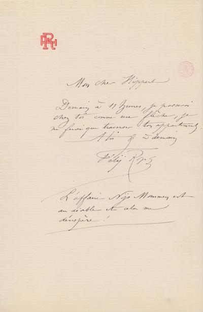 Lettre de Félicien Rops à [Théodore] Hippert. s.l., 0000/00/00. Bruxelles, Bibliothèque royale de Belgique, III/215/5/39