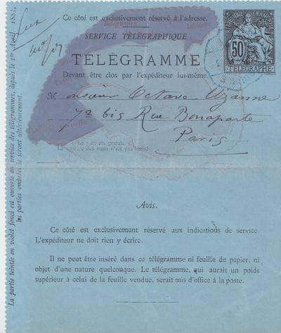 Télégramme de Félicien Rops à Octave Uzanne. s.l., 1883/04/00. Bruxelles, Bibliothèque royale de Belgique, III/215/5/4