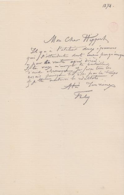 Lettre de Félicien Rops à [Théodore] Hippert. s.l., 1874/00/00. Bruxelles, Bibliothèque royale de Belgique, III/215/5/43