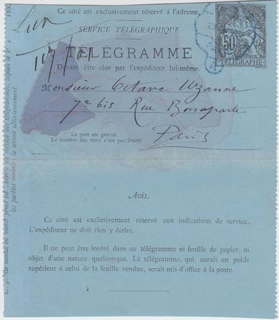 Télégramme de Félicien Rops à Octave Uzanne. [Paris], 1883/01/29. Bruxelles, Bibliothèque royale de Belgique, III/215/5/5