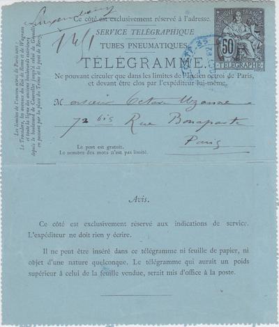 Télégramme de Félicien Rops à Octave Uzanne. s.l., 1882/10/00. Bruxelles, Bibliothèque royale de Belgique, III/215/5/6