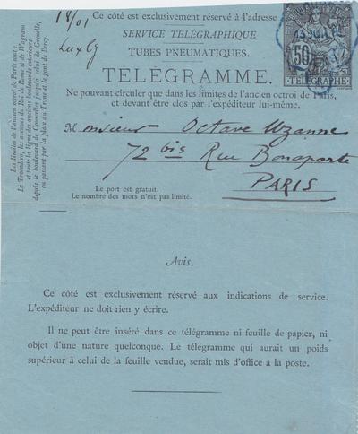 Télégramme de Félicien Rops à Octave Uzanne. s.l., 1881/07/13. Bruxelles, Bibliothèque royale de Belgique, III/215/5/7