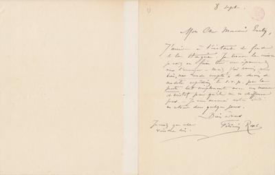 Lettre de Félicien Rops à [Léon] Evely. s.l., [1879]/09/08 et [1885]09/08. Bruxelles, Bibliothèque royale de Belgique, III/215/6/25