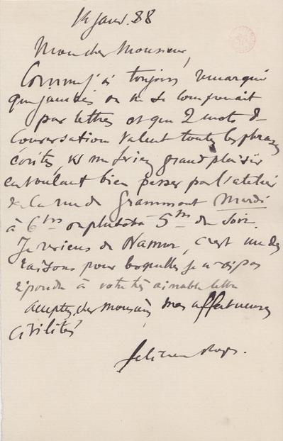 Lettre de Félicien Rops à Inconnu. s.l., 1888/01/14. Bruxelles, Bibliothèque royale de Belgique, III/215/6/38