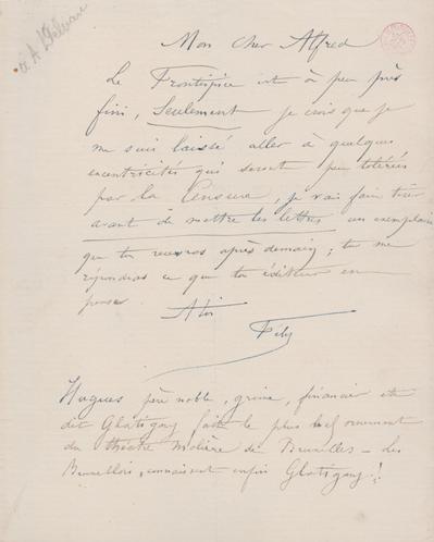 Lettre de Félicien Rops à Alfred [Delvau]. s.l., 0000/00/00. Bruxelles, Bibliothèque royale de Belgique, III/215/6/43