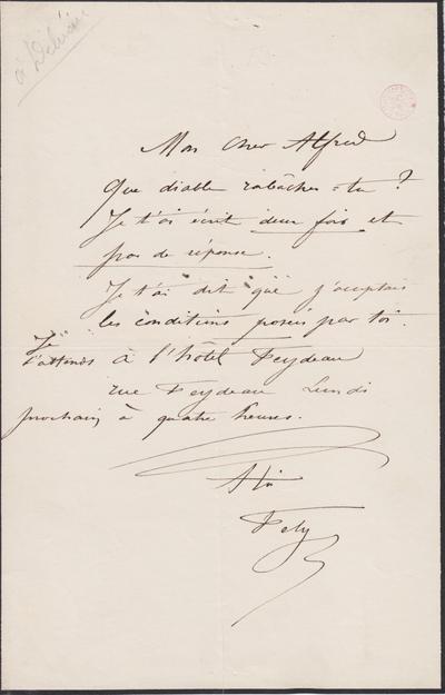 Lettre de Félicien Rops à Alfred [Delvau]. s.l., 0000/00/00. Bruxelles, Bibliothèque royale de Belgique, III/215/6/46