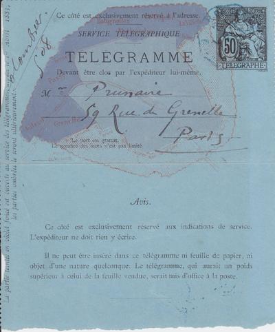 Télégramme de Félicien Rops à [Alfred] Prunaire. s.l., entre [1883]/00/00 et [1884]/00/00. Bruxelles, Bibliothèque royale de Belgique, III/215/7/16