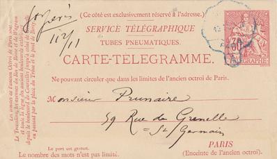 Carte-Télégramme de Félicien Rops à [Alfred] Prunaire. [Paris], 1881/00/13. Bruxelles, Bibliothèque royale de Belgique, III/215/7/18