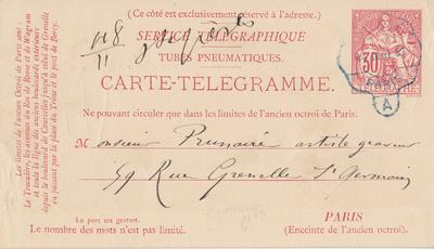 Carte-Télégramme de Félicien Rops à [Alfred] Prunaire. [Paris], 1881/05/14. Bruxelles, Bibliothèque royale de Belgique, III/215/7/19