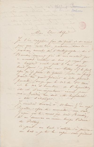 Lettre de Félicien Rops à Alfred [Delvau]. s.l., entre [1858]/00/00 et [1867]/00/00. Bruxelles, Bibliothèque royale de Belgique, III/215/7/23