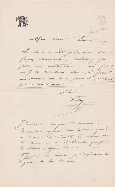 Lettre de Félicien Rops à Ernest [Scaron?]. s.l., 0000/00/00. Bruxelles, Bibliothèque royale de Belgique, III/215/7/32