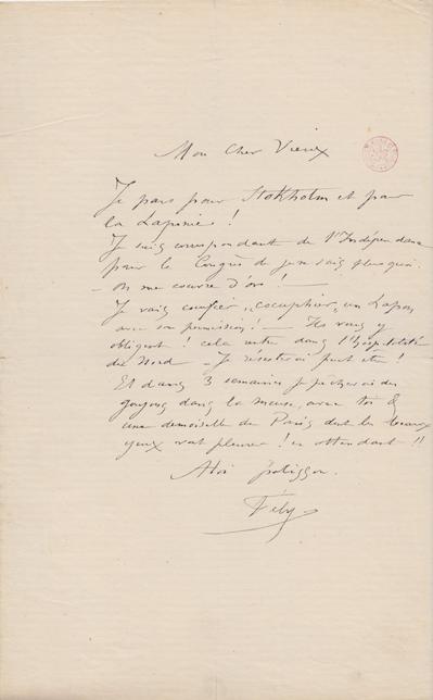 Lettre de Félicien Rops à [Ernest] [Scaron]. s.l., 1874/08/00. Bruxelles, Bibliothèque royale de Belgique, III/215/7/36