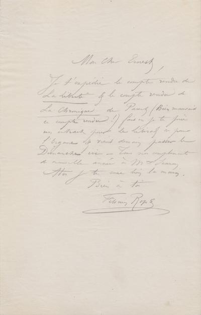 Lettre de Félicien Rops à Ernest [Scaron]. s.l., 0000/00/00. Bruxelles, Bibliothèque royale de Belgique, III/215/7/38