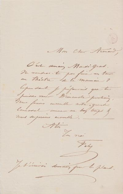 Lettre de Félicien Rops à Armand [Dandoy]. [Bruxelles], 0000/00/00. Bruxelles, Bibliothèque royale de Belgique, III/215/8/18