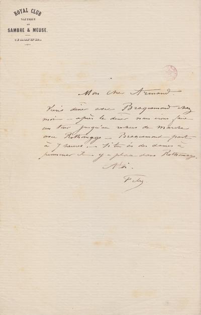 Lettre de Félicien Rops à Armand [Dandoy]. s.l., 0000/00/00. Bruxelles, Bibliothèque royale de Belgique, III/215/8/19