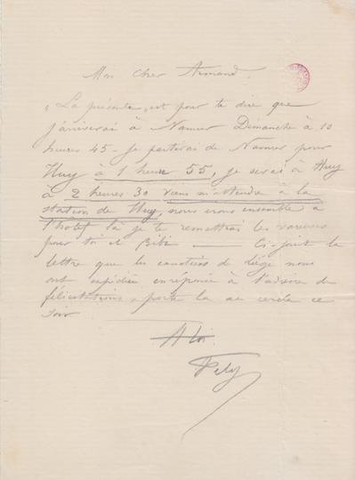 Lettre de Félicien Rops à Armand [Dandoy]. s.l., 0000/00/00. Bruxelles, Bibliothèque royale de Belgique, III/215/8/25