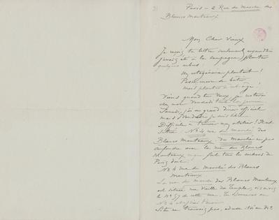 Lettre de Félicien Rops à Armand [Dandoy]. Paris, entre [1894/08]/00 et [1895/08]/00. Bruxelles, Bibliothèque royale de Belgique, III/215/8/29