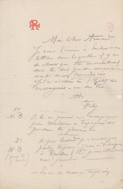 Lettre de Félicien Rops à Armand [Dandoy]. s.l., 0000/00/00. Bruxelles, Bibliothèque royale de Belgique, III/215/8/30