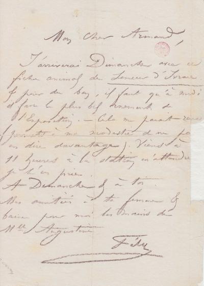 Lettre de Félicien Rops à Armand [Dandoy]. s.l., 1868/00/00. Bruxelles, Bibliothèque royale de Belgique, III/215/8/32