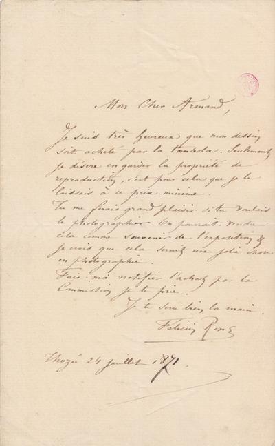 Lettre de Félicien Rops à Armand [Dandoy]. [Mettet], 1871/07/24. Bruxelles, Bibliothèque royale de Belgique, III/215/8/33