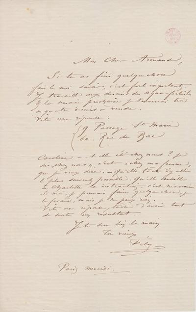 Lettre de Félicien Rops à Armand [Dandoy]. Paris, 0000/00/00. Bruxelles, Bibliothèque royale de Belgique, III/215/8/37