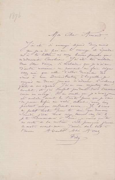 Lettre de Félicien Rops à Armand [Dandoy]. s.l., 1876/00/00. Bruxelles, Bibliothèque royale de Belgique, III/215/8/46