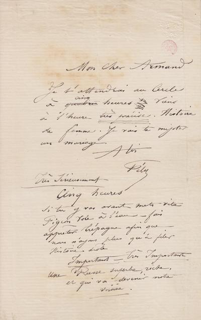 Lettre de Félicien Rops à Armand [Dandoy]. s.l., 0000/00/00. Bruxelles, Bibliothèque royale de Belgique, III/215/8/47