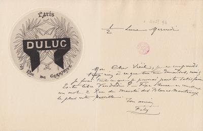 Lettre avec épreuve de Félicien Rops à Eugène Rodrigues. Corbeil-Essonnes, 1894/08/01. Bruxelles, Bibliothèque royale de Belgique, III/215/9/14