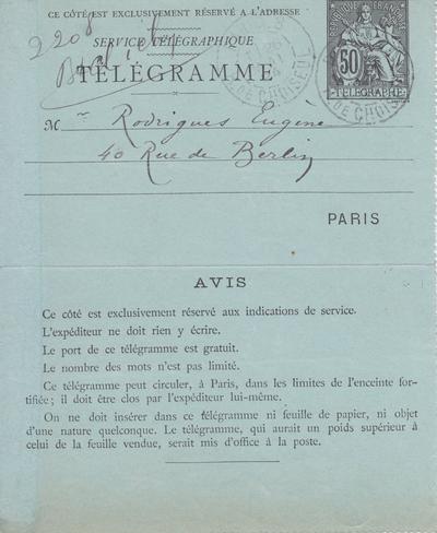 Télégramme de Félicien Rops à Eugène Rodrigues. [Paris], 1894/05/26. Bruxelles, Bibliothèque royale de Belgique, III/215/9/18