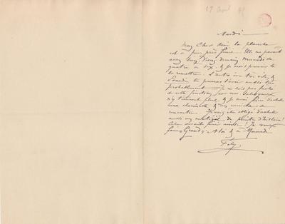 Lettre de Félicien Rops à Eugène Rodrigues. [Corbeil-Essonnes], 1895/04/17. Bruxelles, Bibliothèque royale de Belgique, III/215/9/2